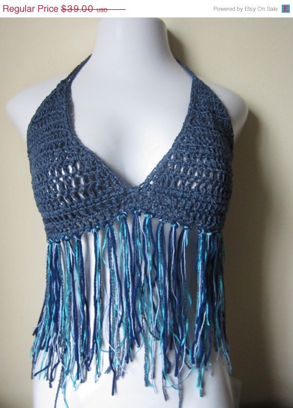 SUMMER SALE Fringe top, halter top, crochet top,  bikini top, 70's top, gypsy,  boho chic, Hippie, festival clothing, bustier