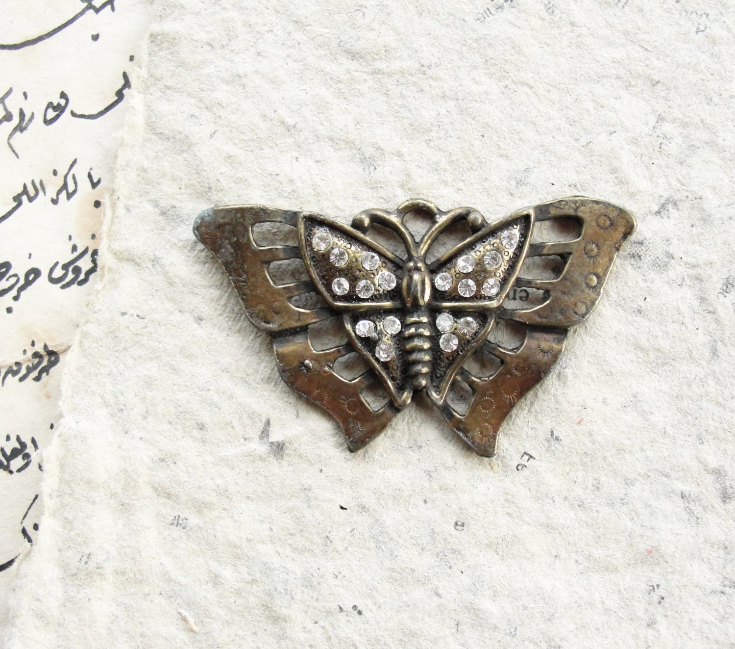 Shiny Brass Butterfly Pendant with rhinestones