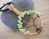 Tree of Life Pendant Mixed Metal Light Green Seed Beads Wire Wrapped Gunmetal Vintage Bronze Gold Antique Copper Parawire
