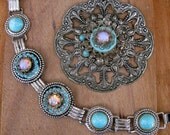 Vintage Pink Fire Opal and Turquoise Silver Bracelet with Pendant