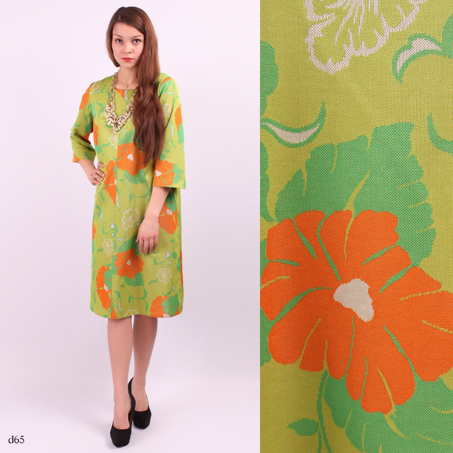 60s Mod Dress / Floral Long Sleeve Dress / sz Medium to Large