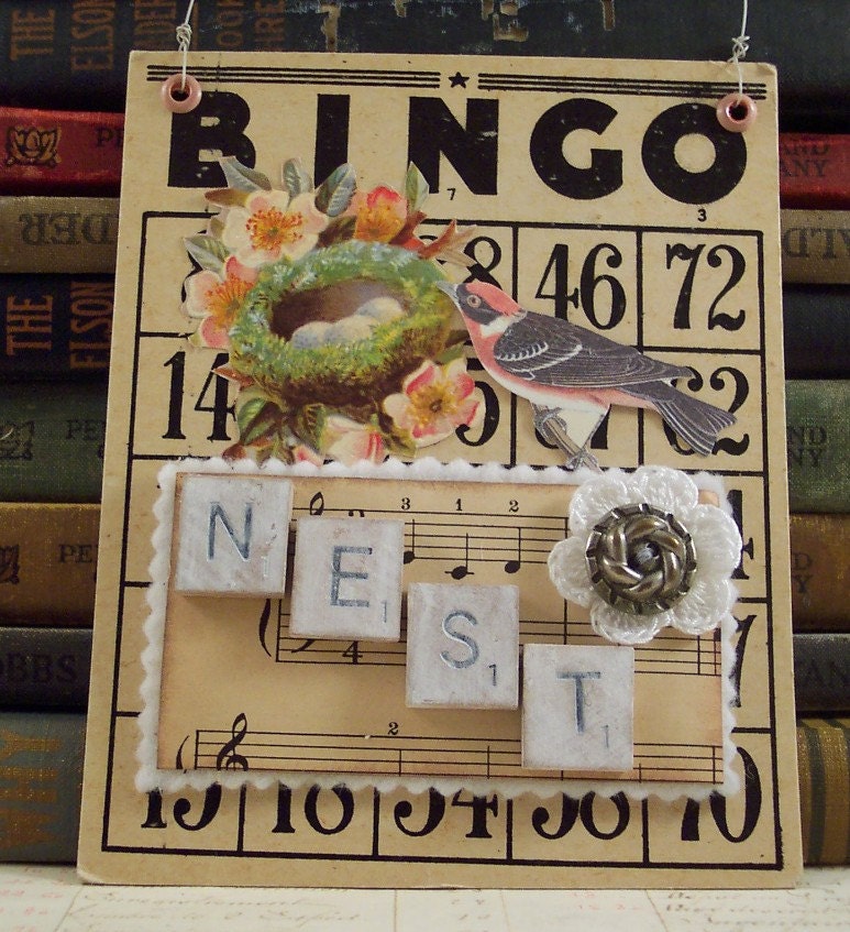 Mixed Media Collage Art Bird and Nest Bingo Card Wall Hanging