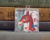 Soldered Pendant Glass Charm Deer and Banner Flags with Vintage Illustration