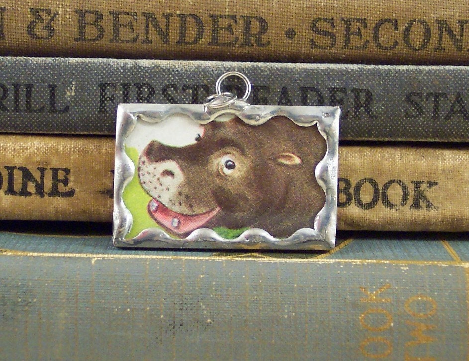Soldered Pendant Glass Charm Happy Hippo with Vintage Book Illustration