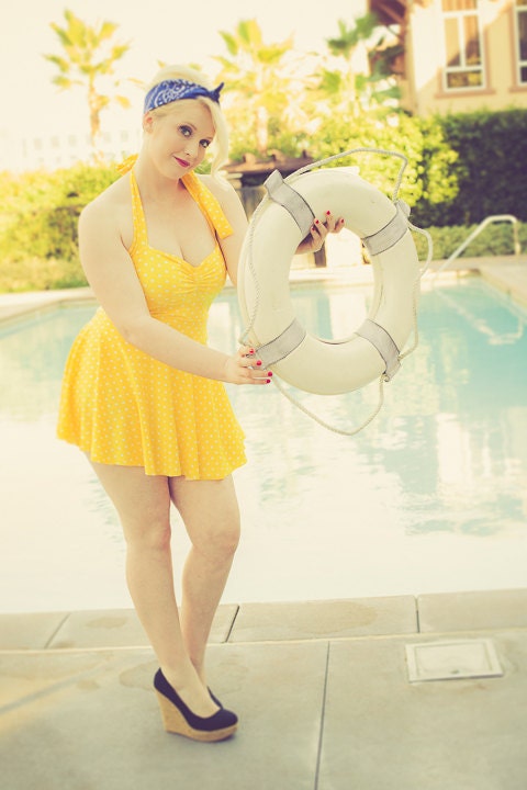 The Bella Yellow and White Polka dot Retro Swim Set one piece Maillot Swimsuit with Matching Skirt
