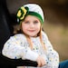 Beanie Hat Crocheted "The John Deere II" White, Emerald Green, Open Weave Beanie Flower Bright Colorful