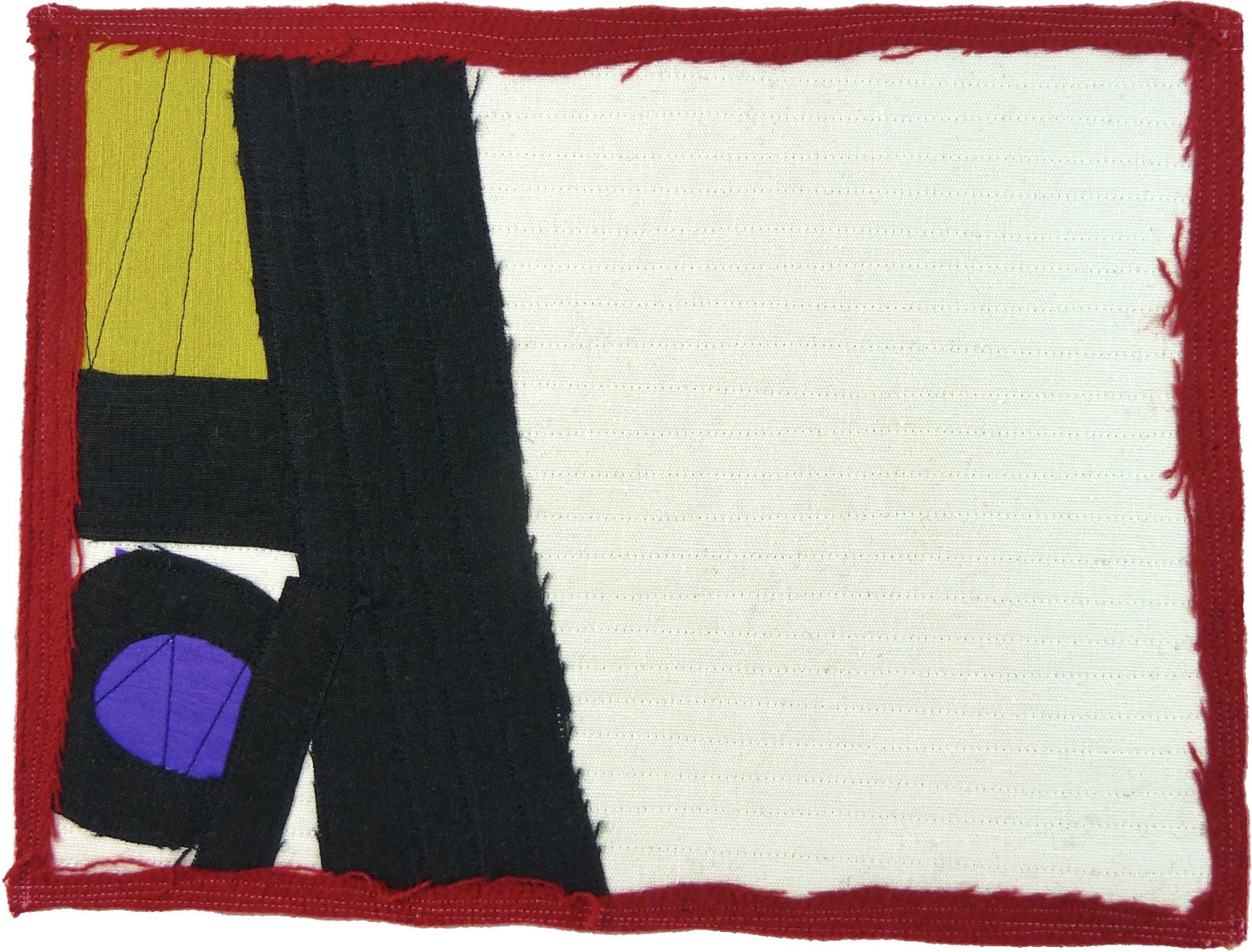 12.28.2012 small art quilt, contemporary, abstract, textile drawing, alphabet series, black white, lime, red, purple