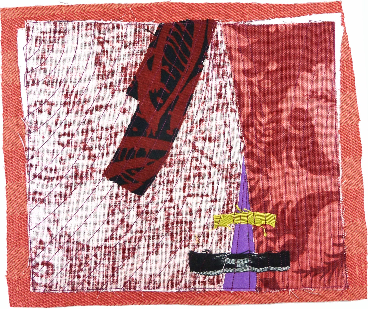 1.20.2013 small art quilt, contemporary, abstract, textile drawing, haiku, coral, lime, purple, black, red, imperfection, wabi sabi