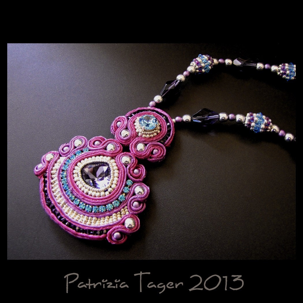 Fuchsia Dance - Soutache Embroidered Necklace in Pink, Purple, Blue & Silver OOAK