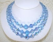 Vintage 3 Strand Blue AB Crystal Necklace Wedding Bridal Formal  Something Blue AB / Triple Three