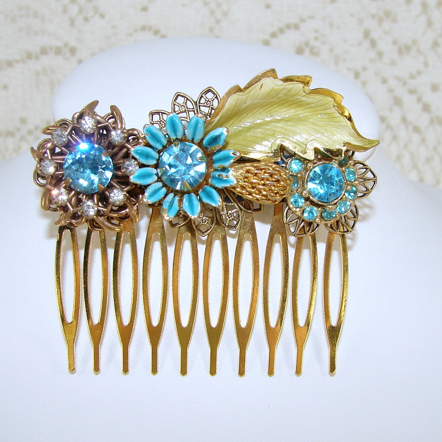 Ocean Blue Rhinestone Hair Comb Aquamarine  Wedding Vintage Enamel Flower Bridal Headpiece