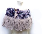 Crochet Capelet / Wrap / Scarf - Sand Beige, Violet Blue - Romantic Lace Shawl with Yarn Bow - ANGEL
