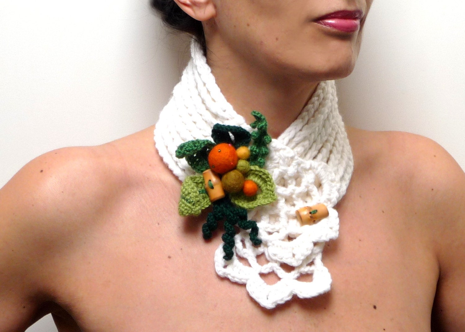 Crochet neckwarmer  - White scarf with yellow / orange flowers and green leaves - WILD FLOWERS