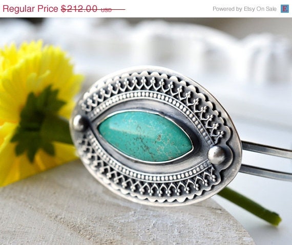 ON SALE Ornate Cuff Bracelet in Sterling Silver and Turquoise, Hand Forged,Statement, One of a Kind, Unique, Metalwork, Modern, Scandinavia