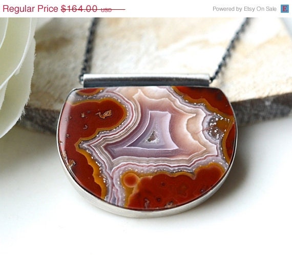ON SALE Modern Necklace in Sterling Silver and Agua Nueva Agate, One of a Kind, Red, Artisan, Metalwork, Bezel Work, Modern, Statement, Sty