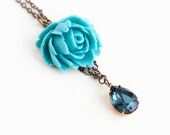 Teal Rose Necklace -  - Midnight Blue Vintage Crystal Jewel - Wedding Jewelry