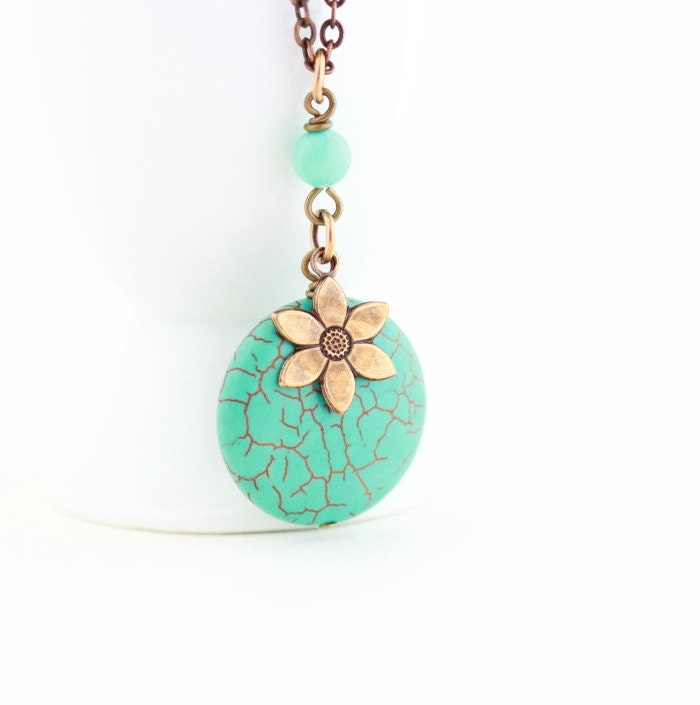 Turquoise Necklace, Turquoise and Brass, Turquoise Pendant With Brass Charm