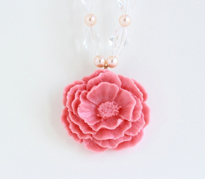 Statement Necklace, Coral Flower Statement Necklace With Brass Chain - Beautiful and Feminine