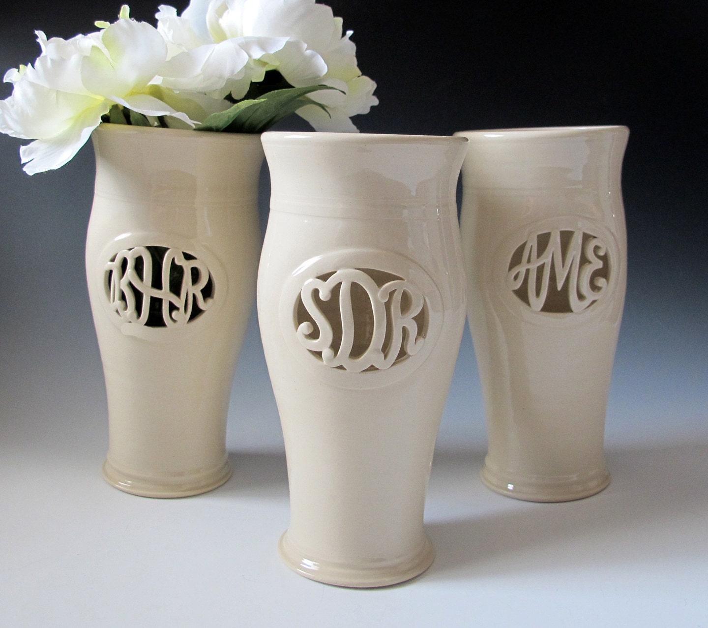 INFO ON .... Cursive Monogram Vase - Wedding, commitment ceremony / bridesmaid gift - handmade to order