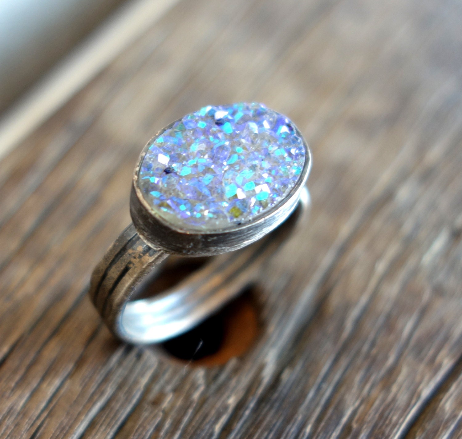 Handmade Blue Opalescent Drusy Ring in Sterling Silver