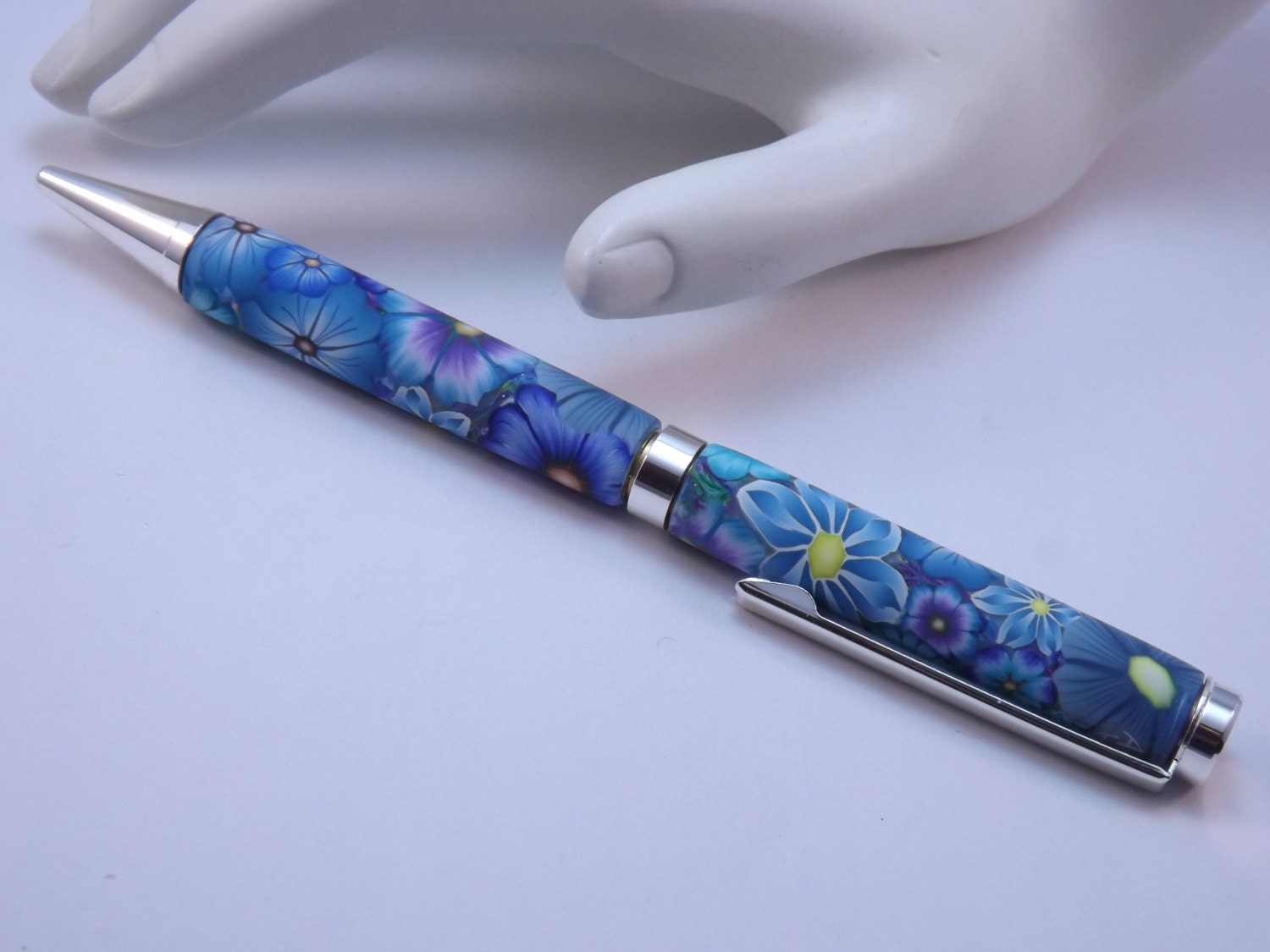 Blue Millefiori Floral Polymer Clay Silver Accented Pen
