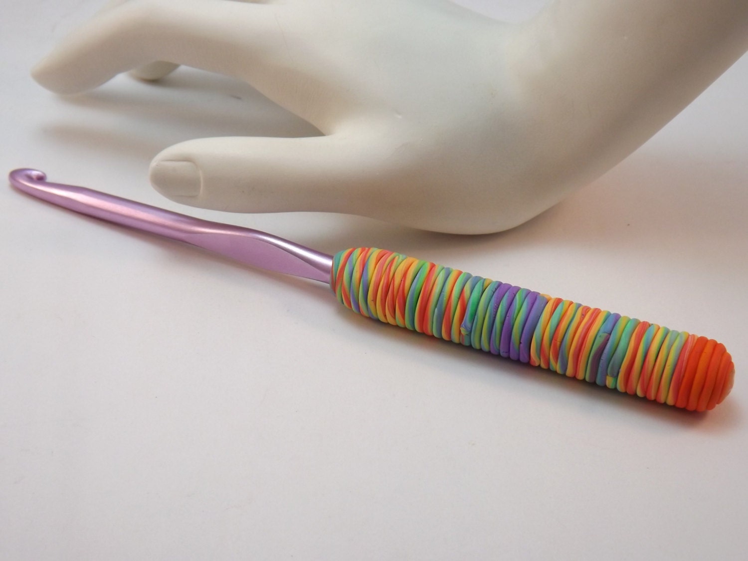Colorful Rainbow Spirals Polymer Clay Covered Crochet Hook 5.5mm