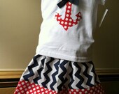 Cute Red and Navy Anchor Appliqued Tee with Navy Chevron and Minnie Dot Banded Skirt