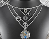 Blue Silver Gears Bib Necklace - Nothing But Blue Skies in Our Mechanical World by COGnitive Creations