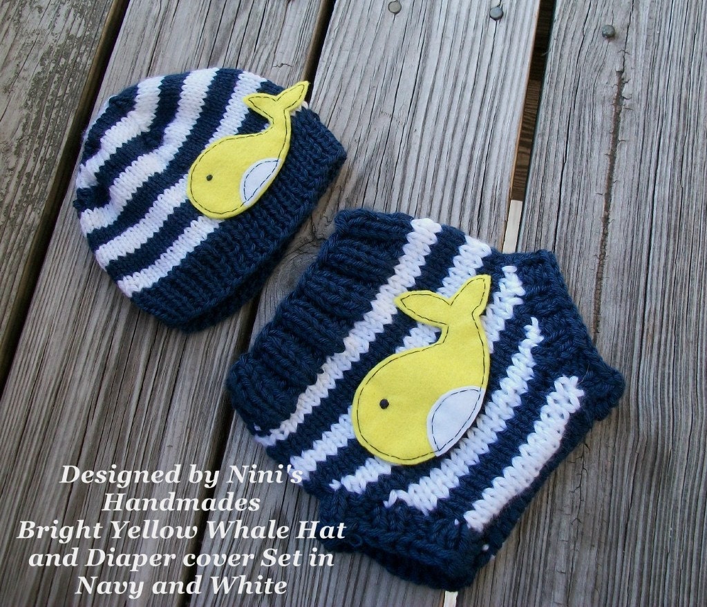 knit NAUTICAL Whale  Set Baby Hat  and Diaper Cover -Navy  and white stripes, Whale hat, baby accessories, baby photoprop