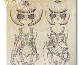 Original Art- Heart and Dart Moths-Burlesque Pinup Twins-Pinkytoast Ink Drawing- 20x20 inches