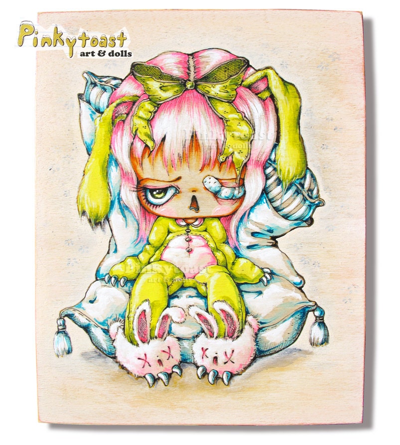 Original Painting-Grumpy Bunny Baby-Kawaii Noir Pajama Girl-Big Eye-Pinkytoast Art-8x10 inches