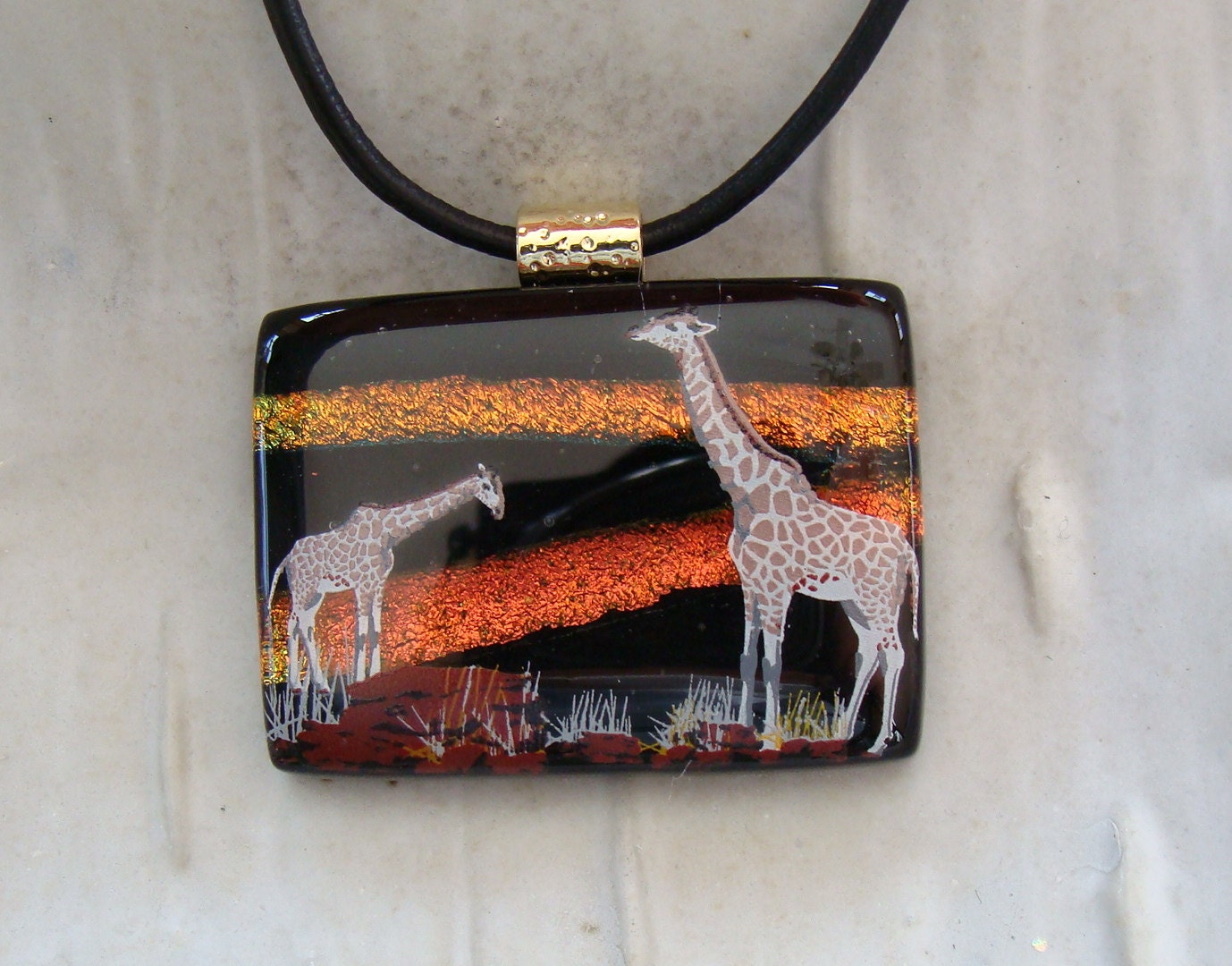 Dichroic Glass Pendant, Fused Glass Jewelry, Necklace, Giraffe, Black, Enamel, Necklace Included