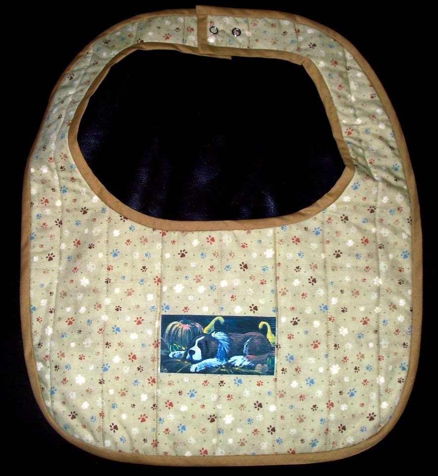 Drool Bib for dog sewn by Dawn Johnson art by Amy Bolin cotton quilted beige tan Saint Bernard Harvest Time