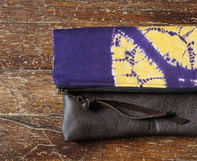 TIE DYE CLUTCH. Boho Pouch. Purple Tribal Clutch. Brown Leather Pouch.