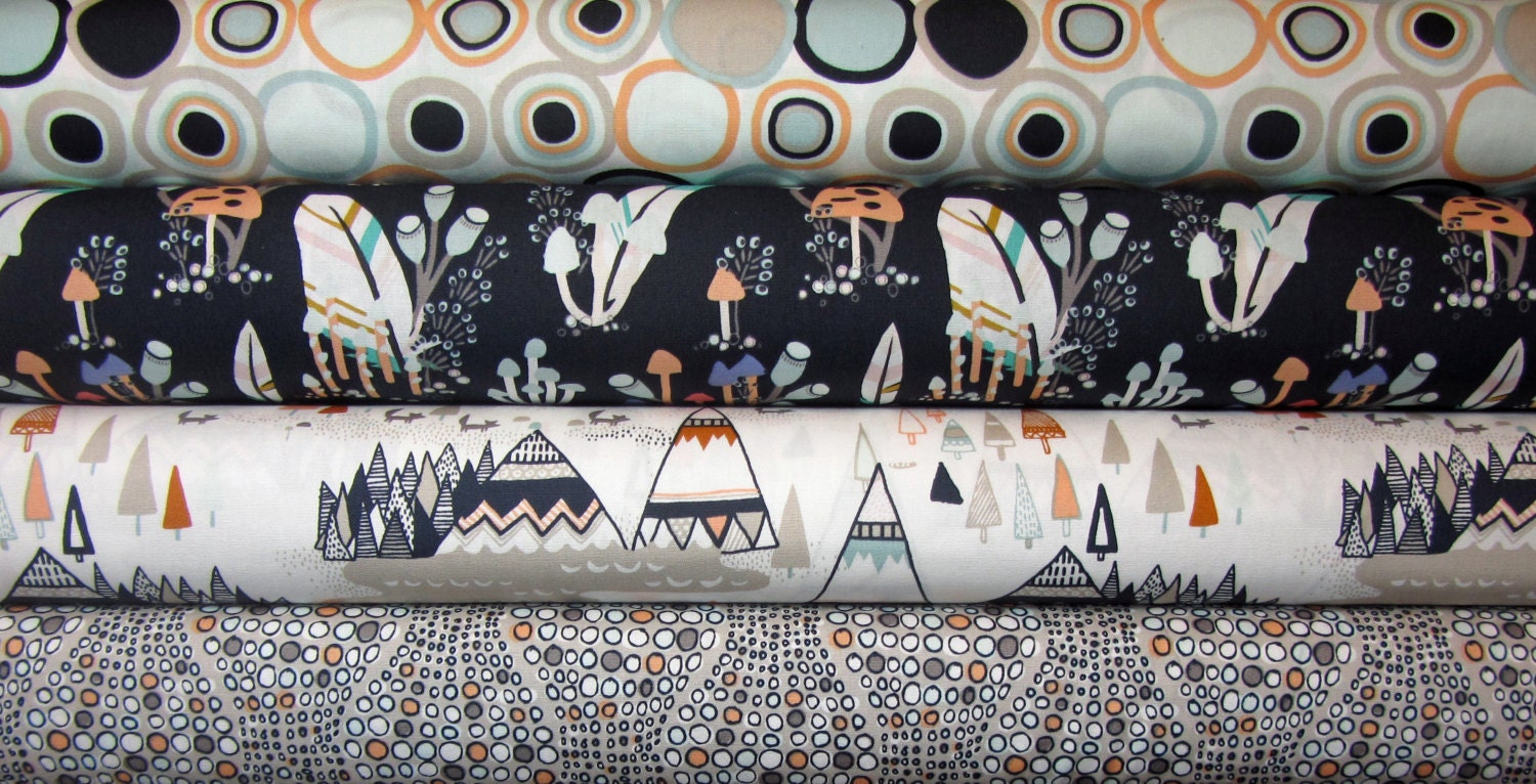Art Gallery INDIAN Summer Woodland Oak Teepees, Feathers, Foxes by  Sarah Watson, 1/2 Yard Each