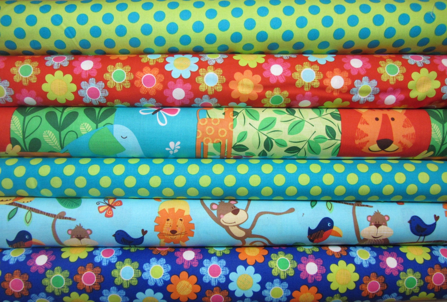 Hanging Around Jungle Animals and Dots Michael Miller Designer Fabric 1/2 yard each, 3 yards