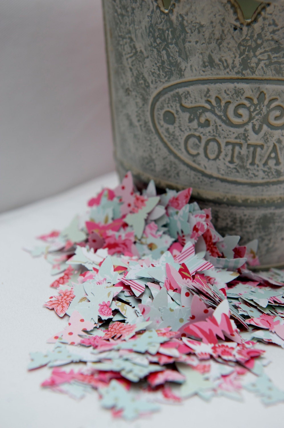 French designer paper 1" butterfly paper punches - 50 pieces - floral, gingham, polka dot, roses, birds, duck egg blue, pink, fuchsia
