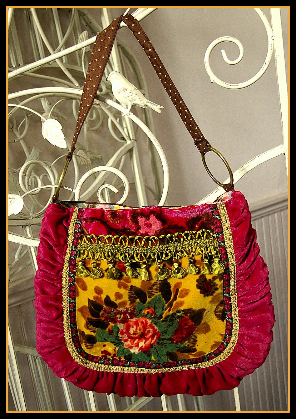 Beautiful Yellow floral velvet Gypsy  carpet bag