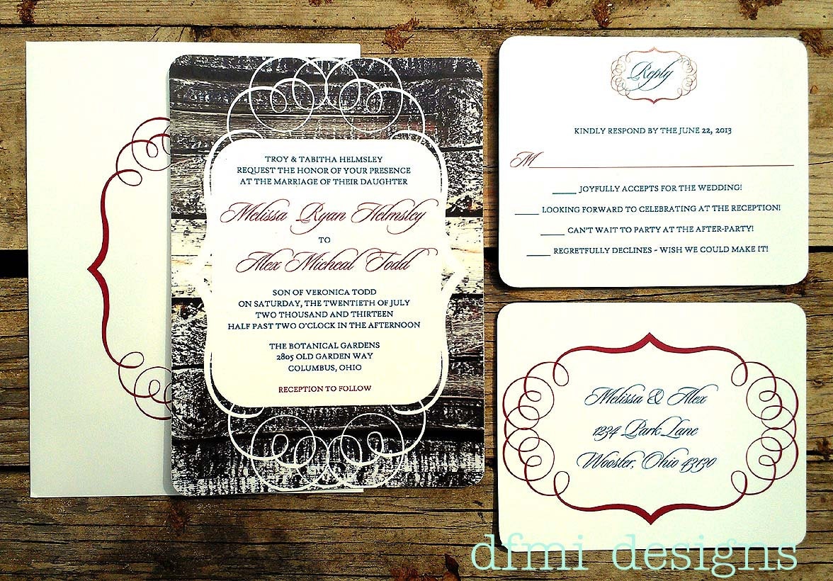 SIMPLY RUSTIC brownish grey scroll woodgrain print wedding invitation & reply postcard Set of 25