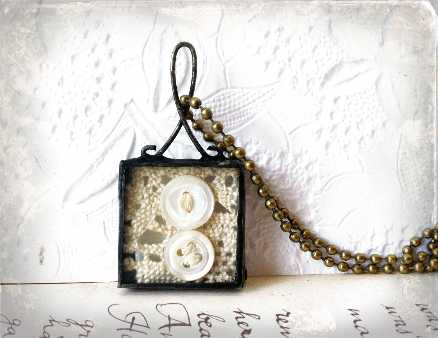 Antique Lace and Button Reliquary Necklace, Soldered Button Shadowbox Pendant, Gift for Seamstress, Lace Shadowbox, Button Charm