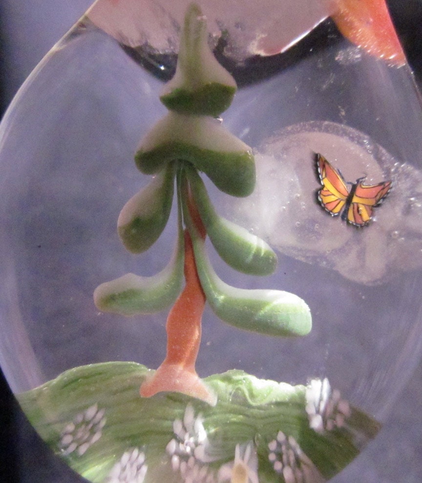 SIGNED ART Magical Forest Focal lampwork Boro Focal Glass Pendant with Glow in the Dark Clouds Rainbow Pine Tree Monarch Butterfly & Daisies