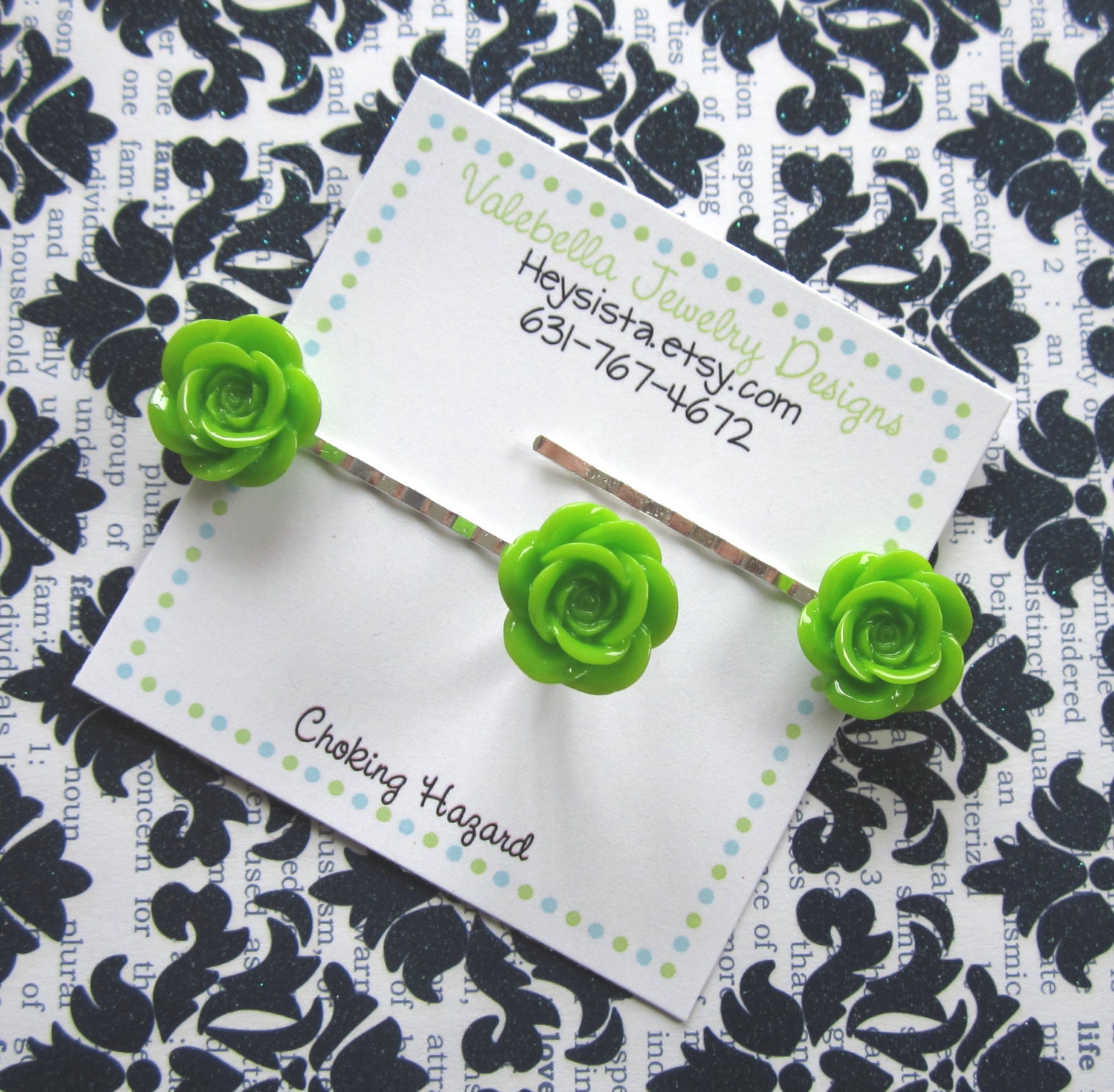 Shabby Chic Mini Rose bobby pin & adjustable ring set GREEN