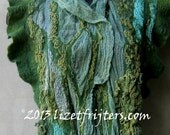 Long Aqua and Green Nuno Felted Scarf Organic Cotton Organic Merino Wool Recycled Doilies Fibre Art