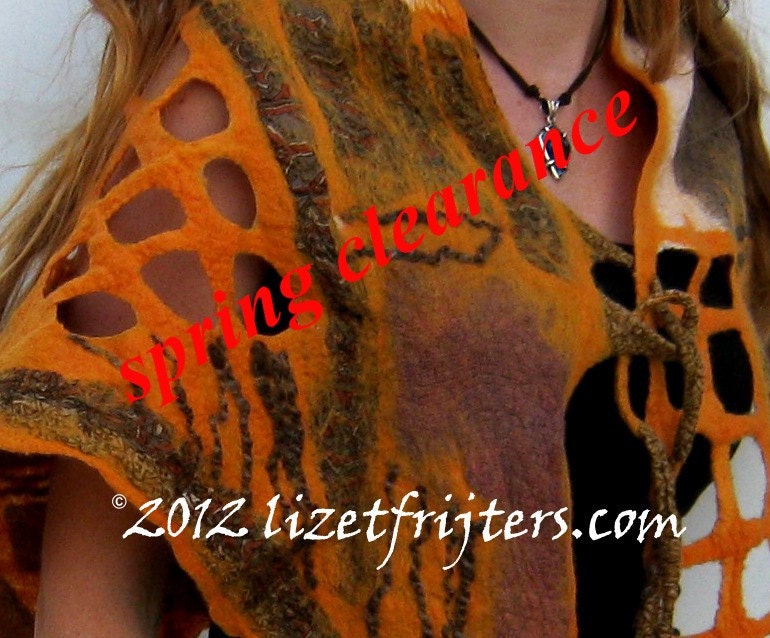 SPRING CLEARANCE REDUCED Tribal Nuno Felt Shawl - Brown and Orange -  Upcycled  Triangular Pointy with Lattice