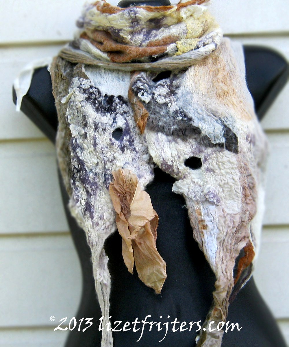 Long Nuno Felted Collage Scarf - White Beige Purple - Ripples - Eco Fashion - Fibre Art