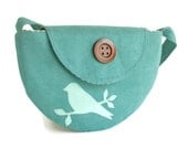 Semi Circle Purse - Handmade Bird Applique - Teal Faux Suede - VEGAN