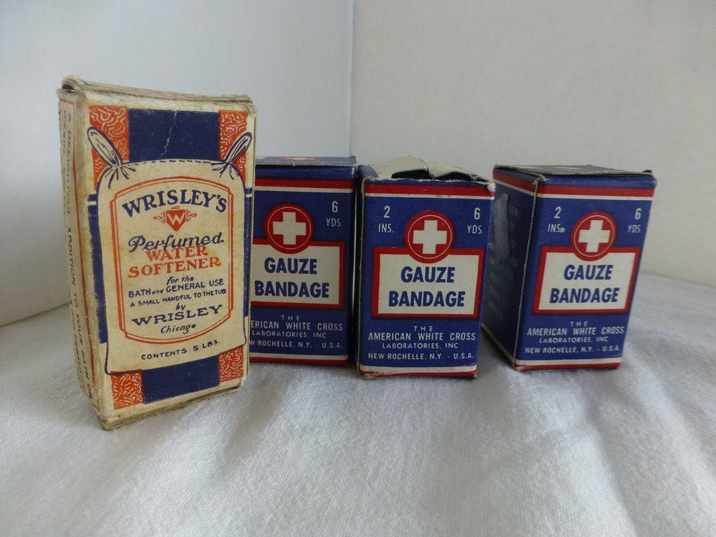 Wrisleys Perfumed Water Softener Sample and WWII American White Cross Gauze Bandage 3 Pkgs - OldQuincySchoolhouse