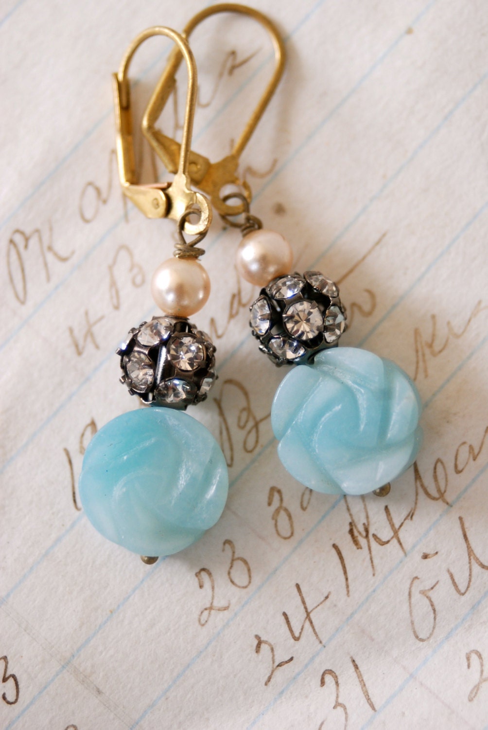 Amazonite blue rose.rhinestone pearl earrings.Tiedupmemories