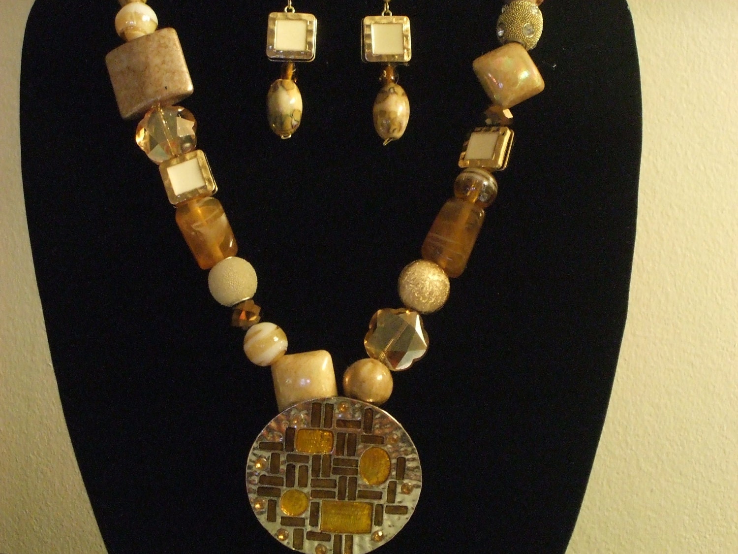 A Set-Handmade-Necklace-Earrings-Buttons-Beads-High Fashion-Statement-Costume Jewelry-"BUTTERSCOTCH"