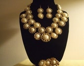 CHUNKY Set-Vintage Inspired Buttons- Costume Jewelry-High Fashion-Statement-Gold-Pearl- Necklace-Bracelet-Earrings-handmade-"SUMMER SPLASH"